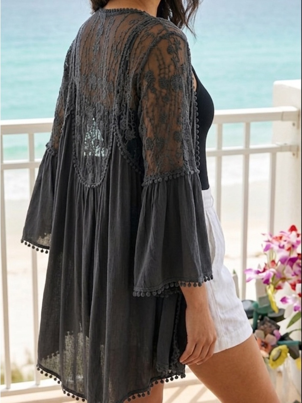 POL Elegant Charcoal Black Lace Kimono Cover-Up